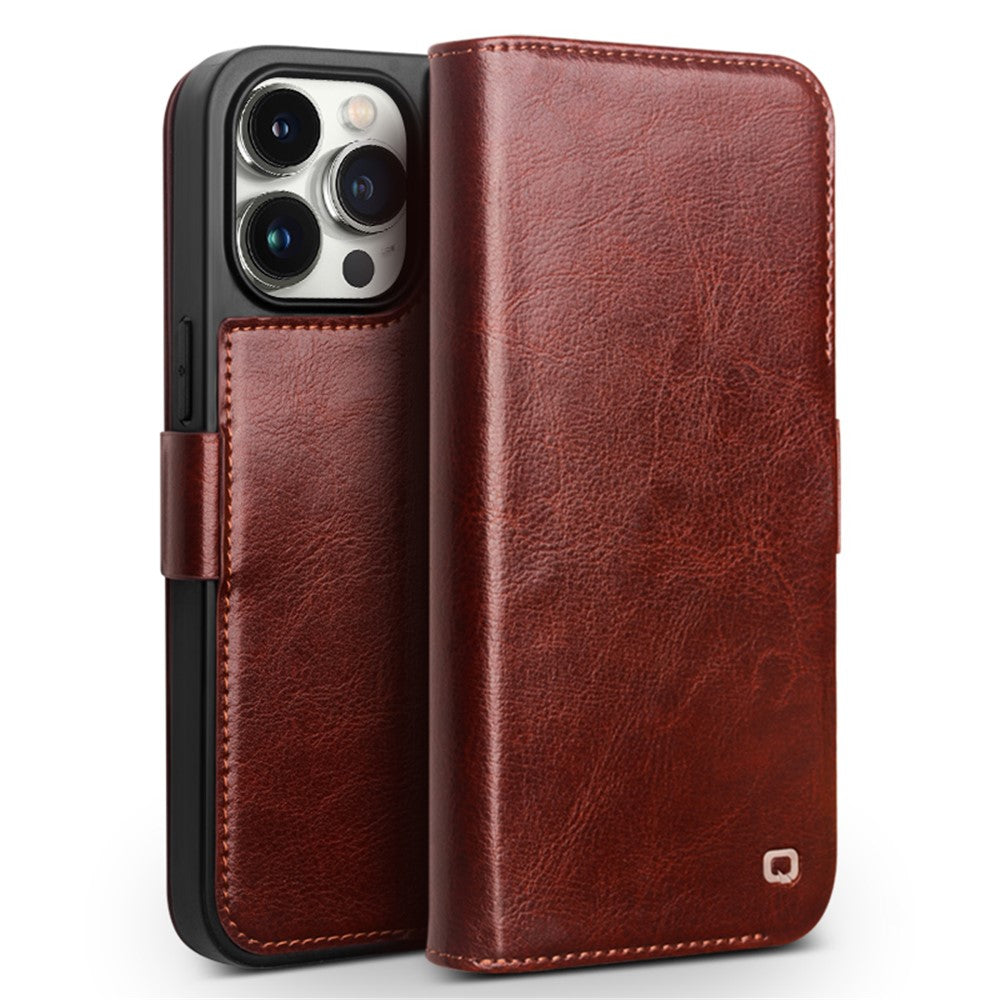 QIALINO-For-iPhone-15-Pro-Max-Genuine-Cow-Leather+TPU-Phone-Case-Magnetic-Closure-Full-Protection-Phone-Cover-Dark-Brown