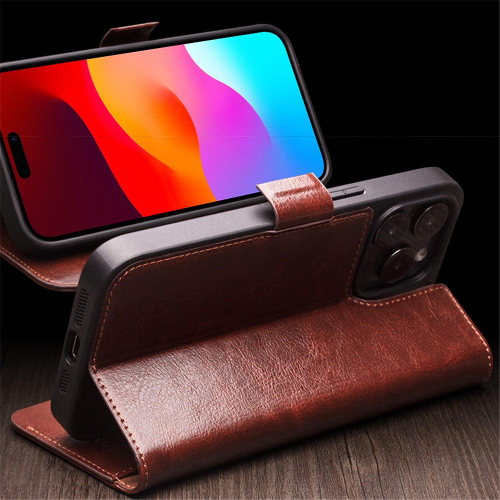 QIALINO-For-iPhone-15-Pro-Max-Genuine-Cow-Leather+TPU-Phone-Case-Magnetic-Closure-Full-Protection-Phone-Cover-Dark-Brown