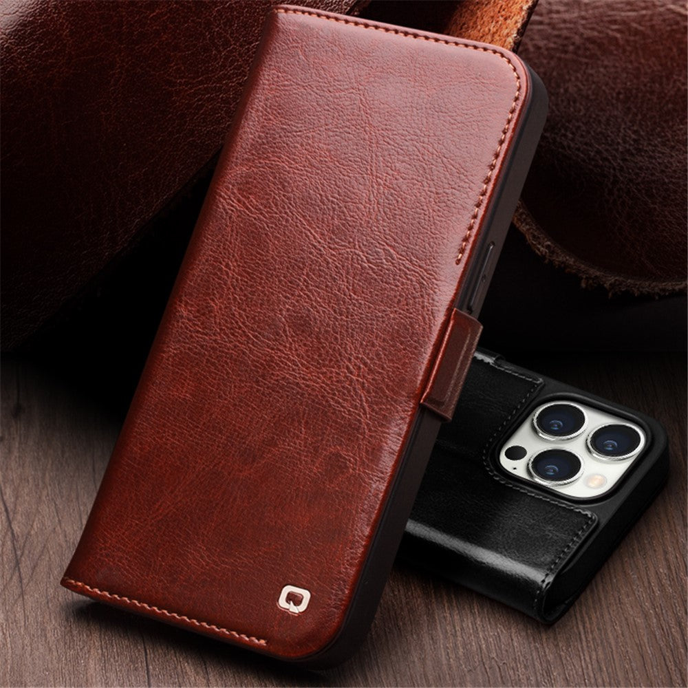 QIALINO-For-iPhone-15-Pro-Max-Genuine-Cow-Leather+TPU-Phone-Case-Magnetic-Closure-Full-Protection-Phone-Cover-Dark-Brown