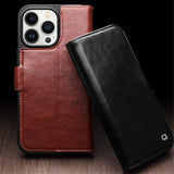 QIALINO-For-iPhone-15-Pro-Max-Genuine-Cow-Leather+TPU-Phone-Case-Magnetic-Closure-Full-Protection-Phone-Cover-Dark-Brown