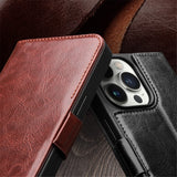 QIALINO-For-iPhone-15-Pro-Max-Genuine-Cow-Leather+TPU-Phone-Case-Magnetic-Closure-Full-Protection-Phone-Cover-Dark-Brown
