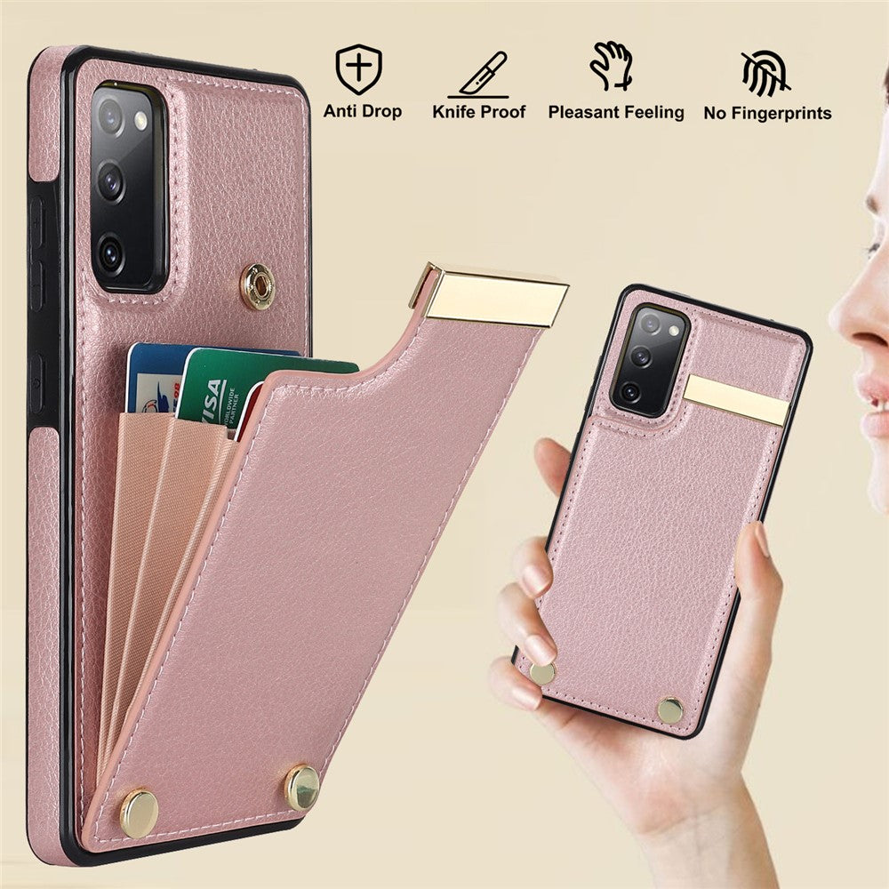 For-Samsung-Galaxy-S20-FE-5G-/-S20-FE-/-S20-FE-2022-/-S20-Lite-Cell-Phone-Case-TPU+PU-Leather-Card-Holder-Cover-Rose-Gold