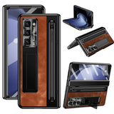 For-Samsung-Galaxy-Z-Fold6-5G-Kickstand-Case-Leather+PC-Phone-Cover-with-Tempered-Glass-Film-and-Stylus-Brown