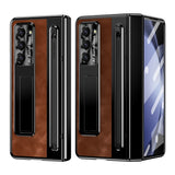 For-Samsung-Galaxy-Z-Fold6-5G-Kickstand-Case-Leather+PC-Phone-Cover-with-Tempered-Glass-Film-and-Stylus-Brown