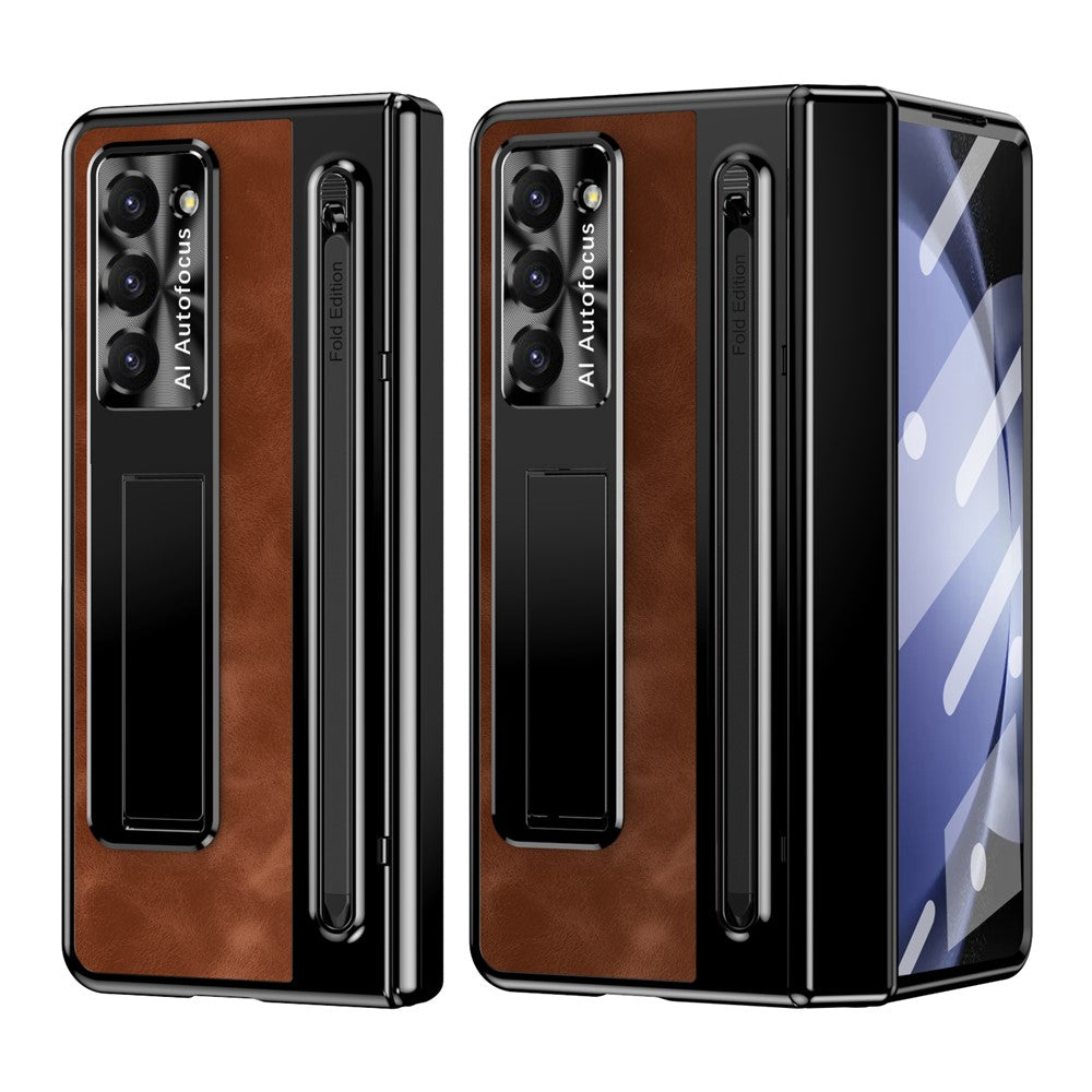 For-Samsung-Galaxy-Z-Fold6-5G-Kickstand-Case-Leather+PC-Phone-Cover-with-Tempered-Glass-Film-and-Stylus-Brown