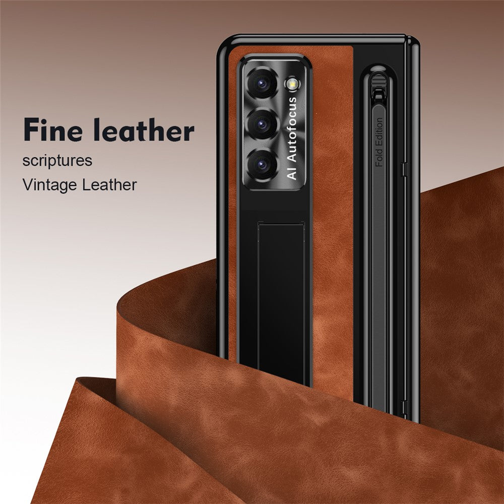 For-Samsung-Galaxy-Z-Fold6-5G-Kickstand-Case-Leather+PC-Phone-Cover-with-Tempered-Glass-Film-and-Stylus-Brown