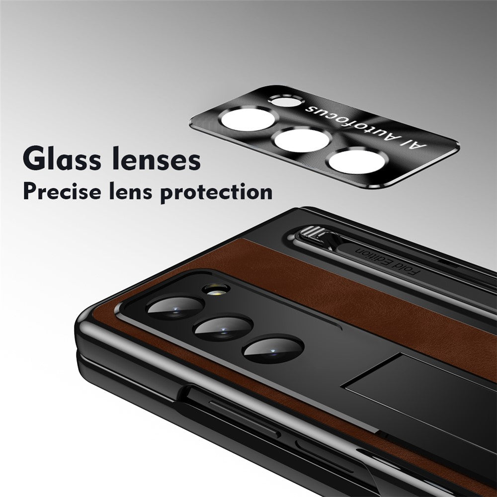 For-Samsung-Galaxy-Z-Fold6-5G-Kickstand-Case-Leather+PC-Phone-Cover-with-Tempered-Glass-Film-and-Stylus-Brown