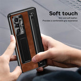 For-Samsung-Galaxy-Z-Fold6-5G-Kickstand-Case-Leather+PC-Phone-Cover-with-Tempered-Glass-Film-and-Stylus-Brown