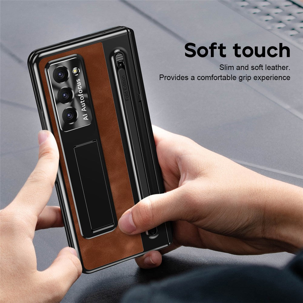 For-Samsung-Galaxy-Z-Fold6-5G-Kickstand-Case-Leather+PC-Phone-Cover-with-Tempered-Glass-Film-and-Stylus-Brown