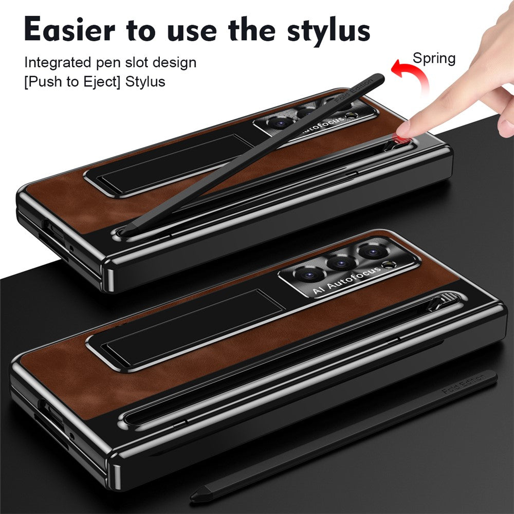 For-Samsung-Galaxy-Z-Fold6-5G-Kickstand-Case-Leather+PC-Phone-Cover-with-Tempered-Glass-Film-and-Stylus-Brown
