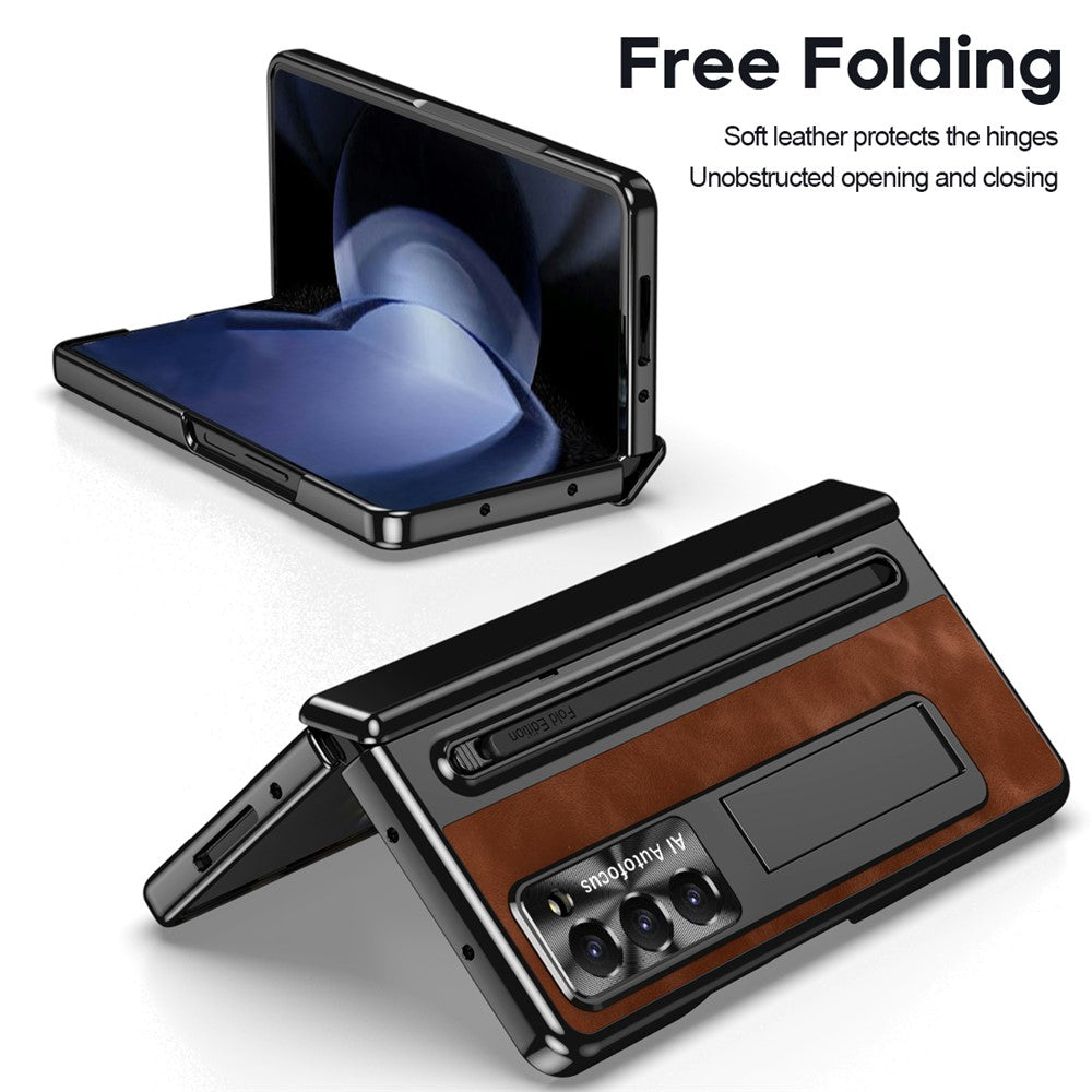 For-Samsung-Galaxy-Z-Fold6-5G-Kickstand-Case-Leather+PC-Phone-Cover-with-Tempered-Glass-Film-and-Stylus-Brown