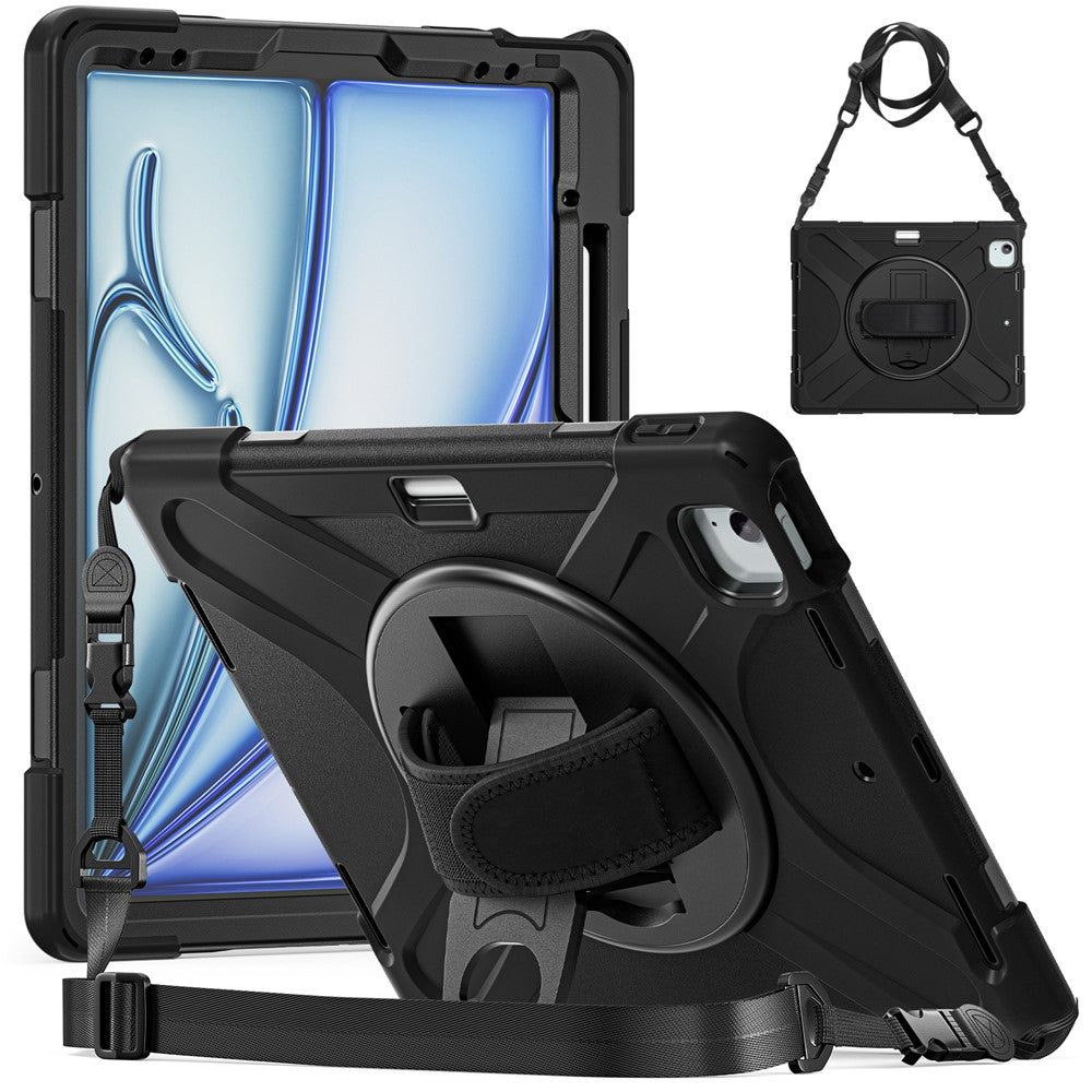 For-iPad-Air-13-(2025)-/-(2024)-Kickstand-Case-TPU+PC+Silicone-Tablet-Cover-with-Shoulder-Strap-Black