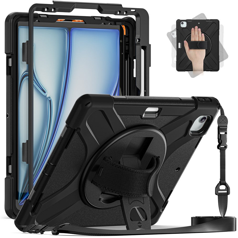 For-iPad-Air-13-(2025)-/-(2024)-Kickstand-Case-TPU+PC+Silicone-Tablet-Cover-with-Shoulder-Strap-Black