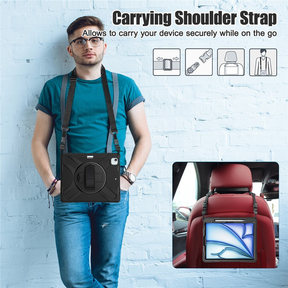 For-iPad-Air-13-(2025)-/-(2024)-Kickstand-Case-TPU+PC+Silicone-Tablet-Cover-with-Shoulder-Strap-Black