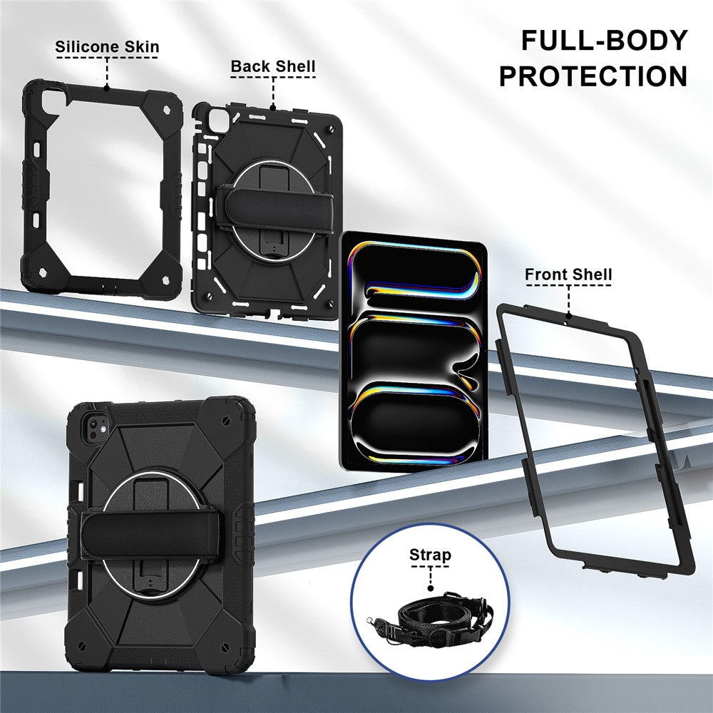 For-iPad-Pro-13-(2025)-/-13-(2024)-Case-Silicone-+-PC-Kickstand-Tablet-Cover-with-Handy-Strap,-Shoulder-Strap-Black-/-Black