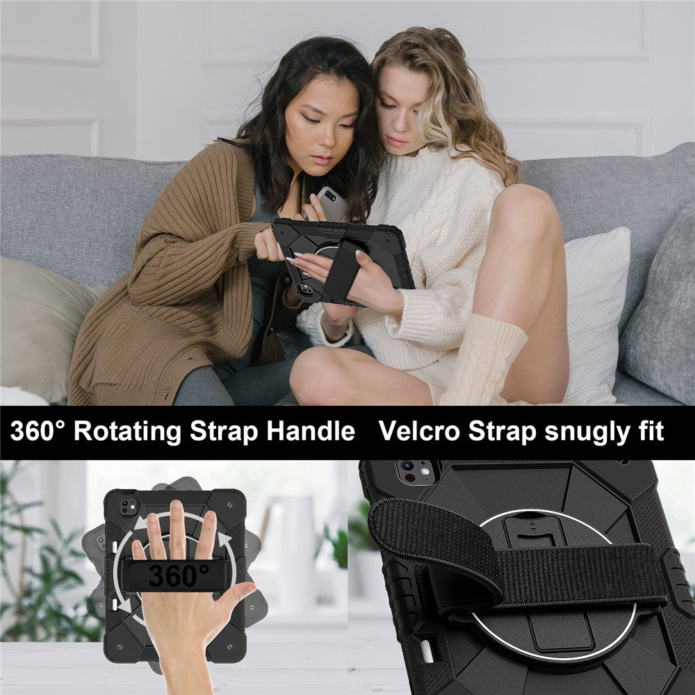 For-iPad-Pro-13-(2025)-/-13-(2024)-Case-Silicone-+-PC-Kickstand-Tablet-Cover-with-Handy-Strap,-Shoulder-Strap-Black-/-Black