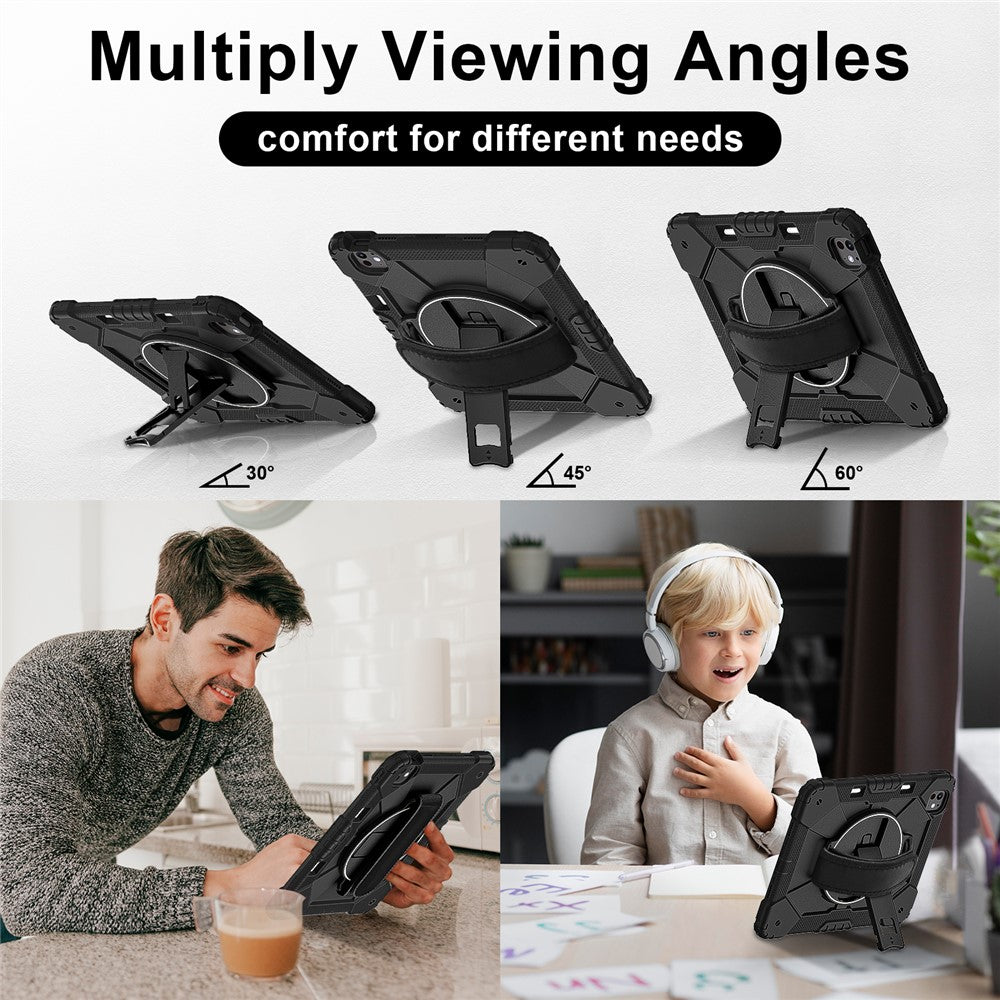 For-iPad-Pro-13-(2025)-/-13-(2024)-Case-Silicone-+-PC-Kickstand-Tablet-Cover-with-Handy-Strap,-Shoulder-Strap-Black-/-Black