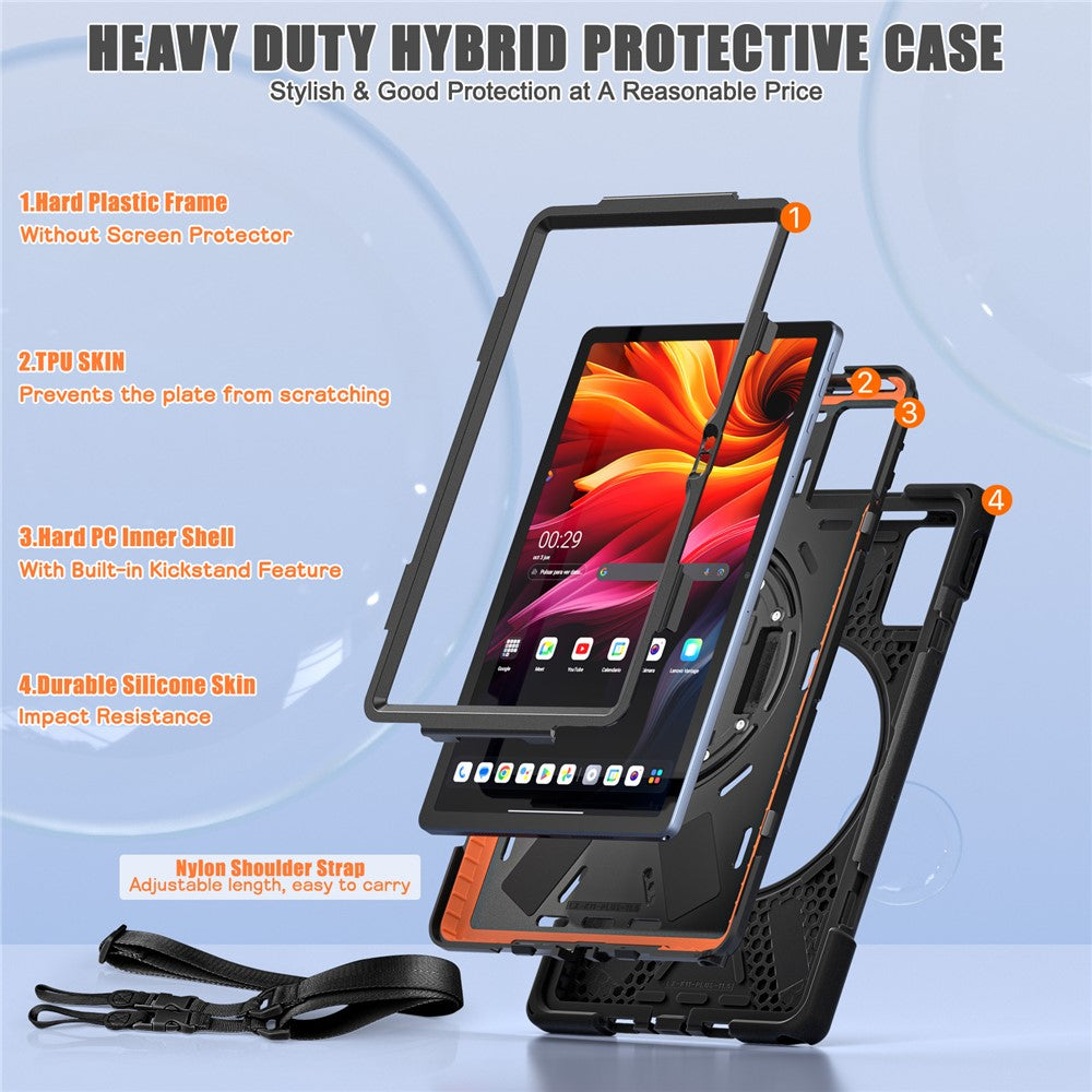 For-Lenovo-Tab-K11-Plus-/-Zhaoyang-K11-B352FU,-TB230XC-Kickstand-Case-TPU-PC-Silicone-Tablet-Cover-with-Shoulder-Strap-Black