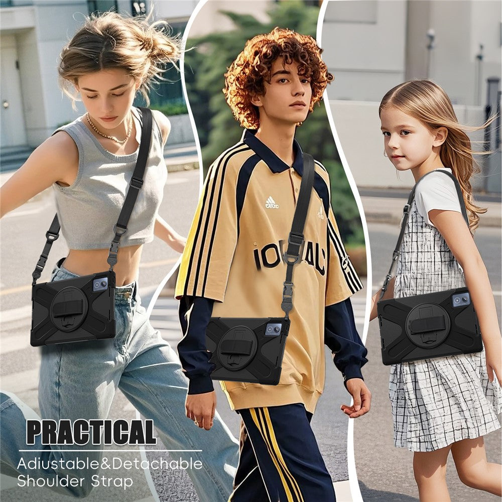 For-Lenovo-Tab-K11-Plus-/-Zhaoyang-K11-B352FU,-TB230XC-Kickstand-Case-TPU-PC-Silicone-Tablet-Cover-with-Shoulder-Strap-Black