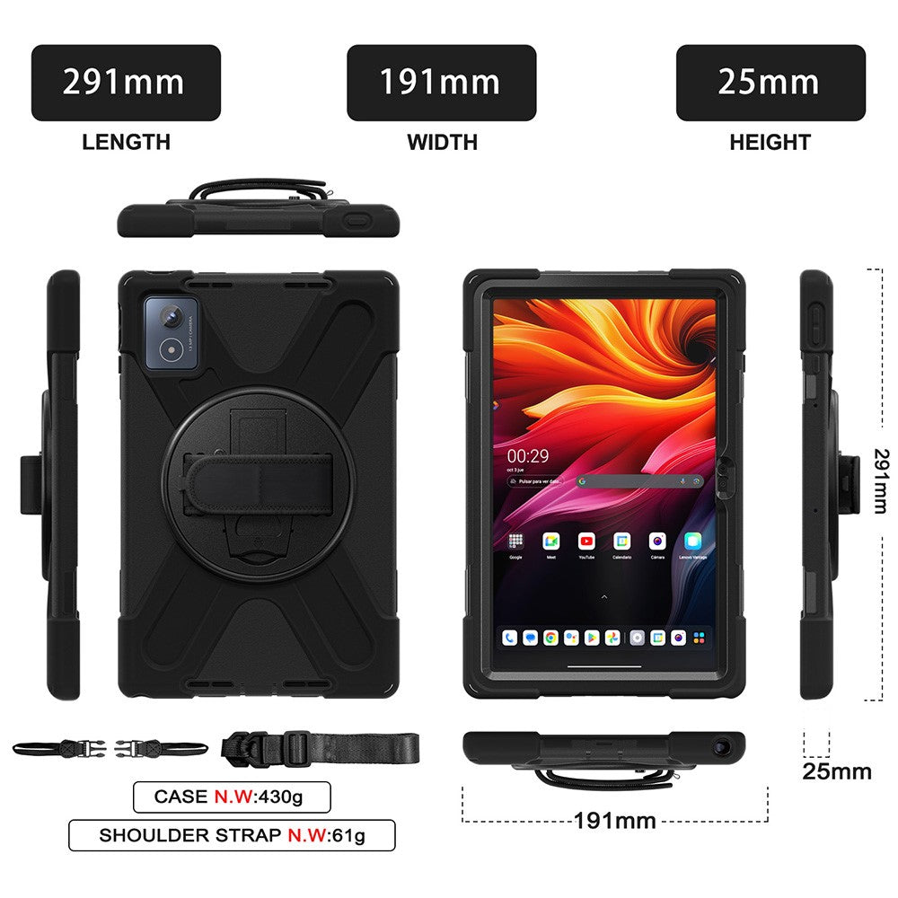For-Lenovo-Tab-K11-Plus-/-Zhaoyang-K11-B352FU,-TB230XC-Kickstand-Case-TPU-PC-Silicone-Tablet-Cover-with-Shoulder-Strap-Black