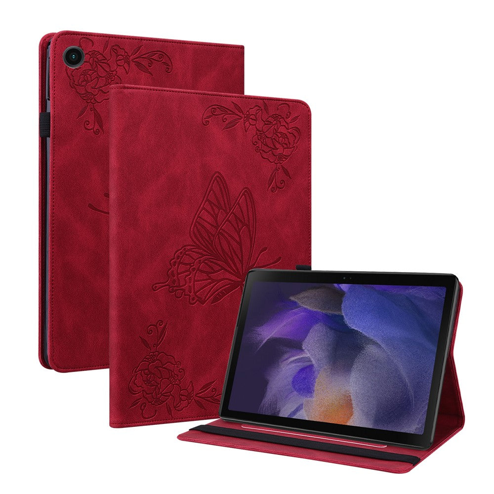 For-Samsung-Galaxy-Tab-A11-/-A9-Case-Butterfly-Flower-Imprint-PU-Leather-Tablet-Cover-with-Card-Slots-Red