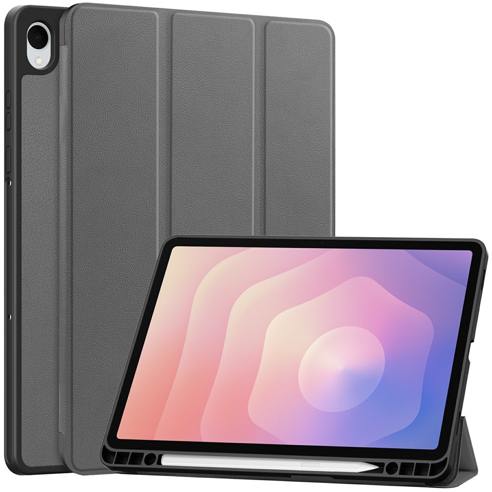 For-Samsung-Galaxy-Tab-S11-Stand-Case-Shock-Absorbent-Leather-Tablet-Cover-with-Pen-Slot-Grey