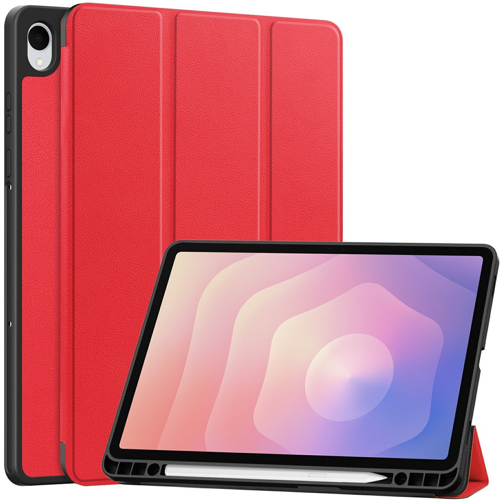 For-Samsung-Galaxy-Tab-S11-Stand-Case-Shock-Absorbent-Leather-Tablet-Cover-with-Pen-Slot-Red