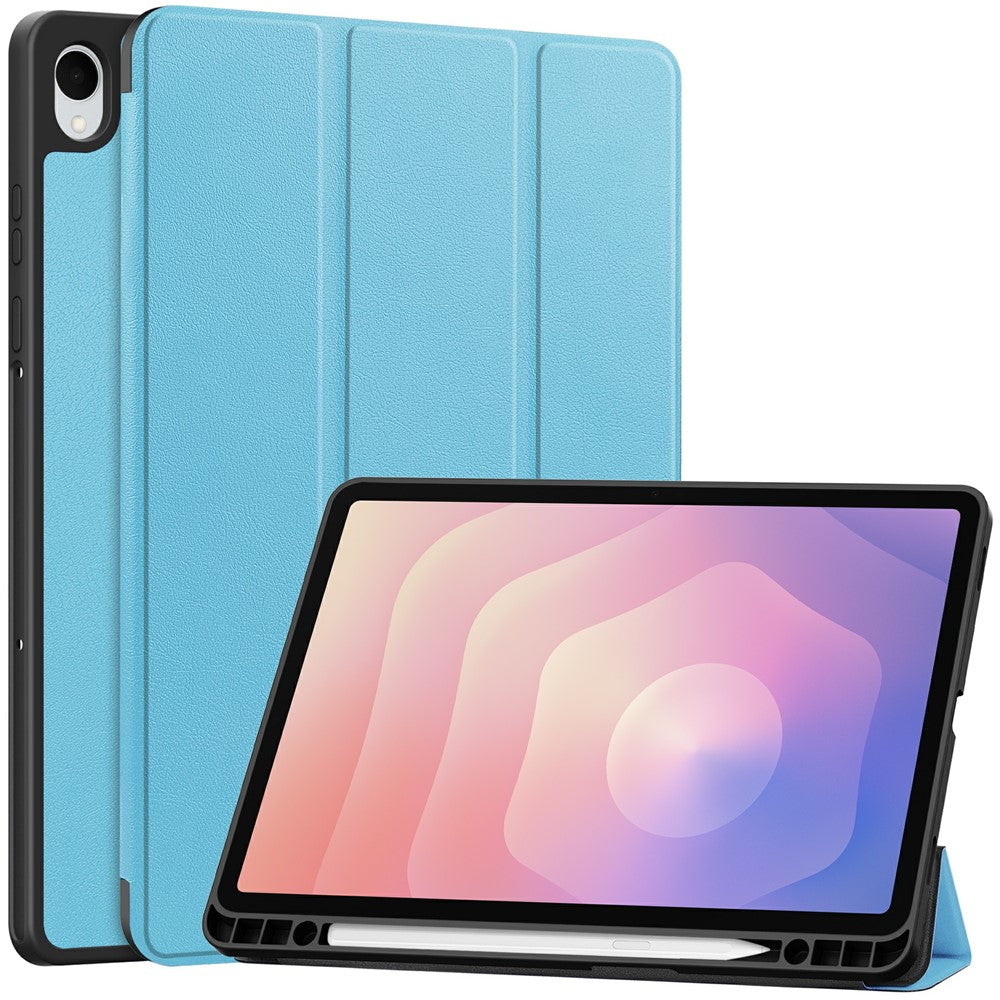For-Samsung-Galaxy-Tab-S11-Stand-Case-Shock-Absorbent-Leather-Tablet-Cover-with-Pen-Slot-Sky-Blue