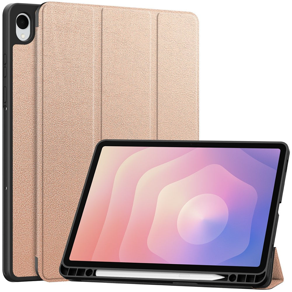 For-Samsung-Galaxy-Tab-S11-Stand-Case-Shock-Absorbent-Leather-Tablet-Cover-with-Pen-Slot-Rose-Gold