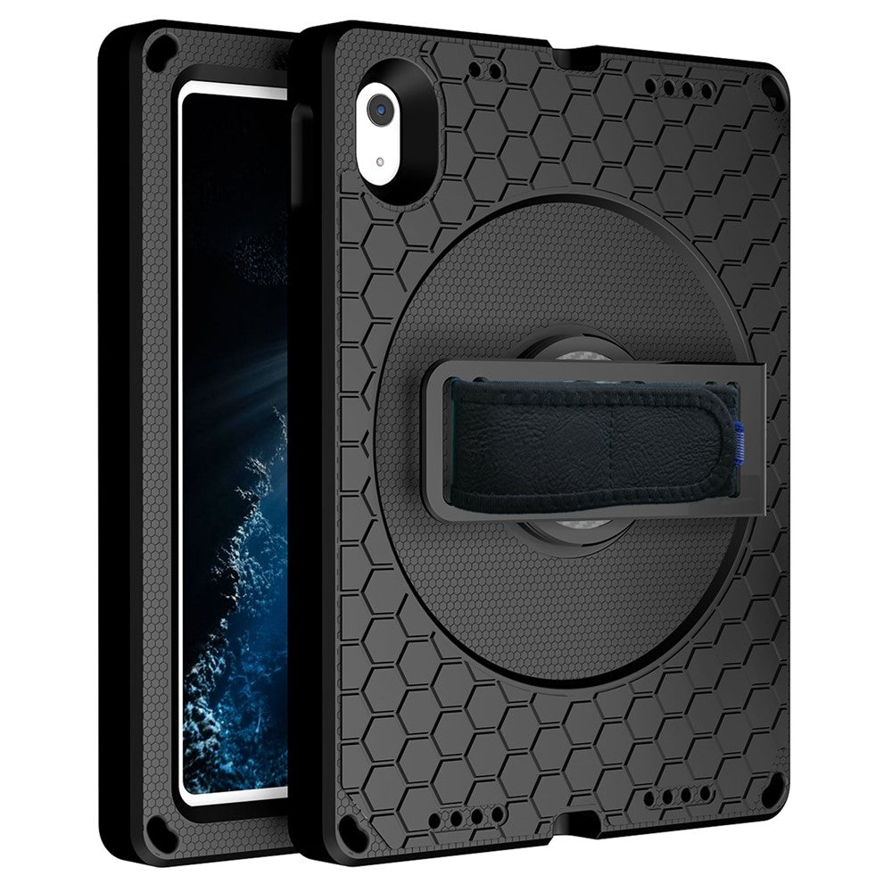 For-iPad-(2025)-/-10.9-(2022)-Tablet-Case-Hand-Strap-Rotary-Kickstand-Honeycomb-Texture-Anti-Drop-Cover-with-Shoulder-Strap-All-Black