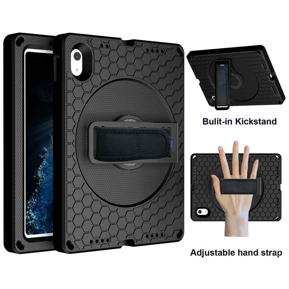 For-iPad-(2025)-/-10.9-(2022)-Tablet-Case-Hand-Strap-Rotary-Kickstand-Honeycomb-Texture-Anti-Drop-Cover-with-Shoulder-Strap-All-Black