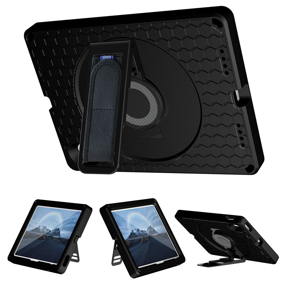 For-iPad-(2025)-/-10.9-(2022)-Tablet-Case-Hand-Strap-Rotary-Kickstand-Honeycomb-Texture-Anti-Drop-Cover-with-Shoulder-Strap-All-Black