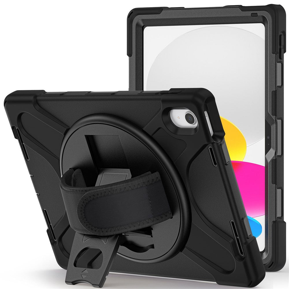 For-iPad-(2025)-/-10.9-(2022)-Kickstand-PC-+-Silicone-Tablet-Case-360-Degree-Rotation-Hand-Strap-Shockproof-Rugged-Protective-Cover-Black