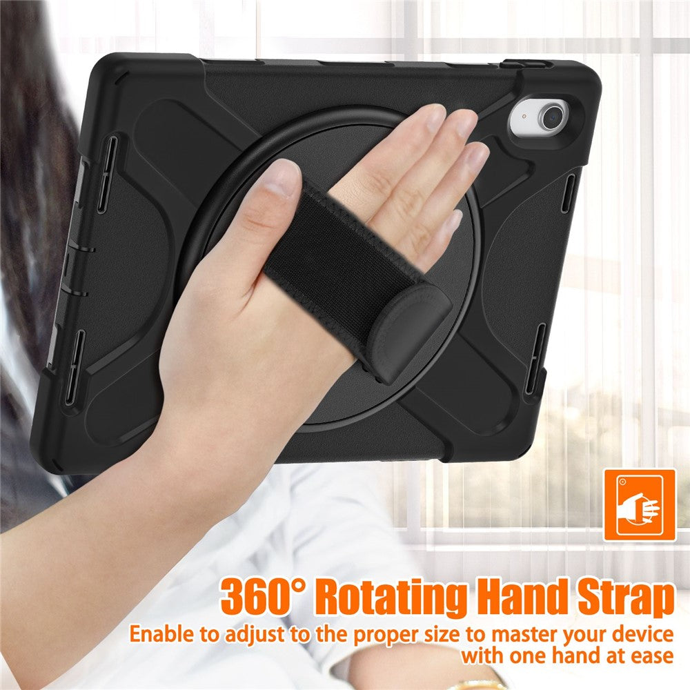 For-iPad-(2025)-/-10.9-(2022)-Kickstand-PC-+-Silicone-Tablet-Case-360-Degree-Rotation-Hand-Strap-Shockproof-Rugged-Protective-Cover-Black