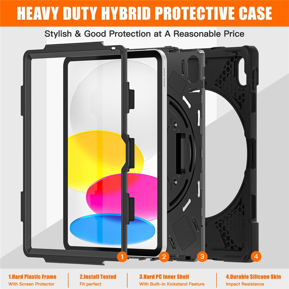 For-iPad-(2025)-/-10.9-(2022)-Kickstand-PC-+-Silicone-Tablet-Case-360-Degree-Rotation-Hand-Strap-Shockproof-Rugged-Protective-Cover-Black