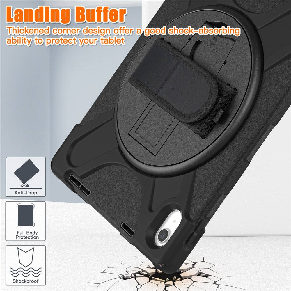 For-iPad-(2025)-/-10.9-(2022)-Kickstand-PC-+-Silicone-Tablet-Case-360-Degree-Rotation-Hand-Strap-Shockproof-Rugged-Protective-Cover-Black
