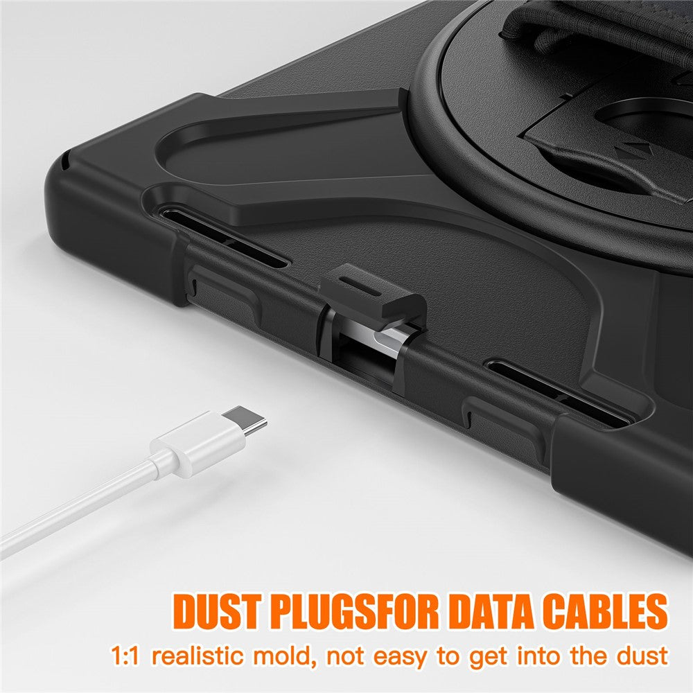 For-iPad-(2025)-/-10.9-(2022)-Kickstand-PC-+-Silicone-Tablet-Case-360-Degree-Rotation-Hand-Strap-Shockproof-Rugged-Protective-Cover-Black