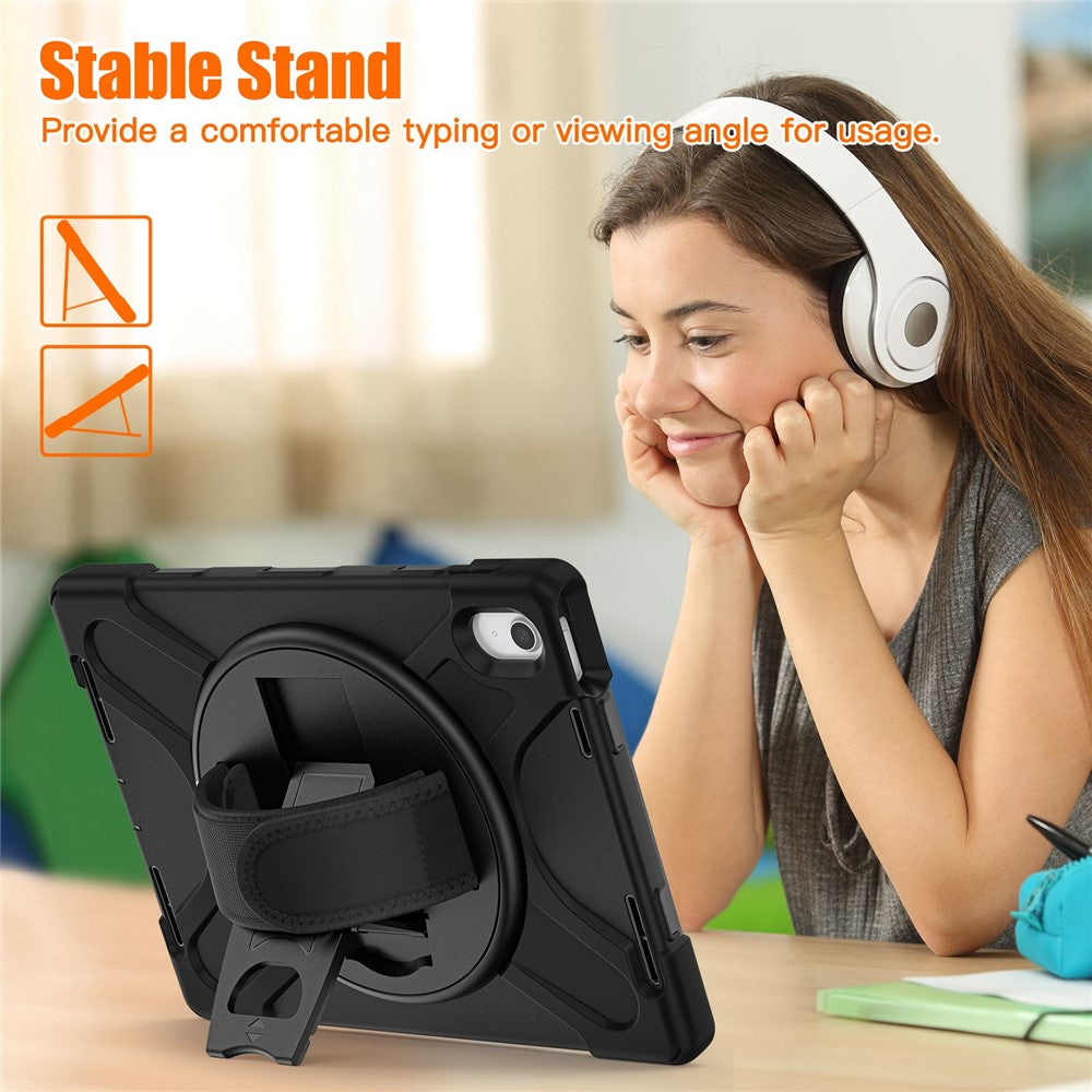 For-iPad-(2025)-/-10.9-(2022)-Kickstand-PC-+-Silicone-Tablet-Case-360-Degree-Rotation-Hand-Strap-Shockproof-Rugged-Protective-Cover-Black
