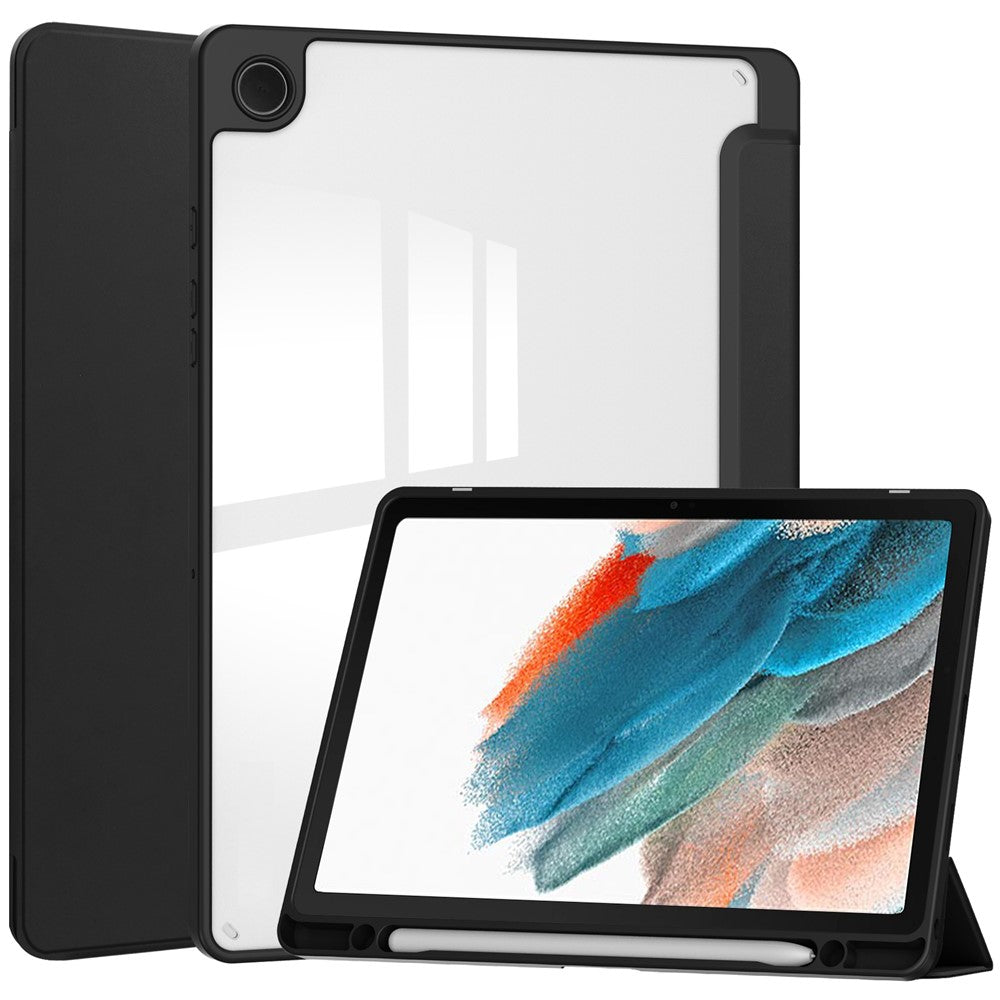 Clear-Back-Cover-for-Samsung-Galaxy-Tab-A9+-PU+TPU+Acrylic-Tablet-Case-with-Pen-Slot-Black
