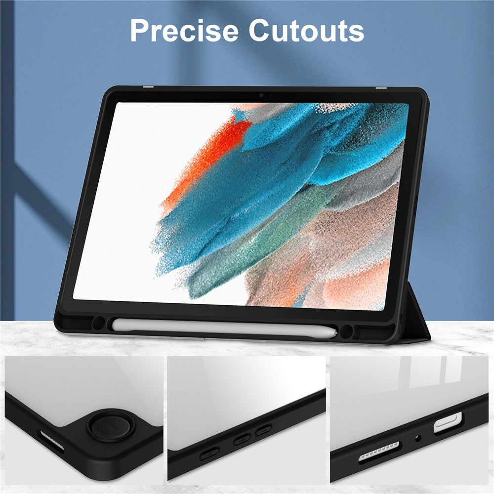 Clear-Back-Cover-for-Samsung-Galaxy-Tab-A9+-PU+TPU+Acrylic-Tablet-Case-with-Pen-Slot-Black