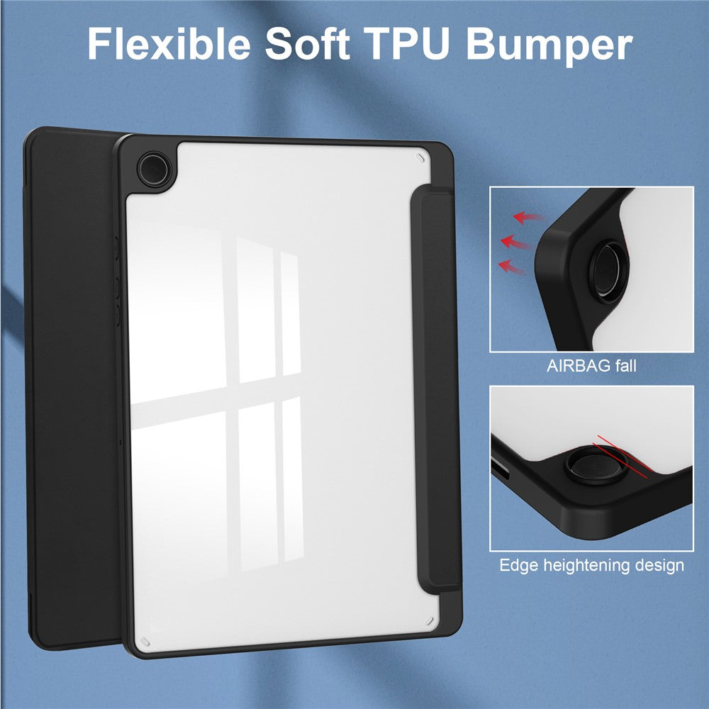 Clear-Back-Cover-for-Samsung-Galaxy-Tab-A9+-PU+TPU+Acrylic-Tablet-Case-with-Pen-Slot-Black