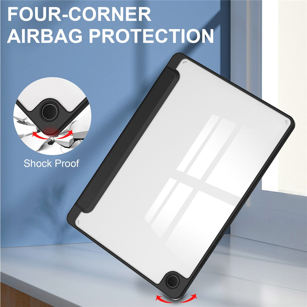 Clear-Back-Cover-for-Samsung-Galaxy-Tab-A9+-PU+TPU+Acrylic-Tablet-Case-with-Pen-Slot-Black