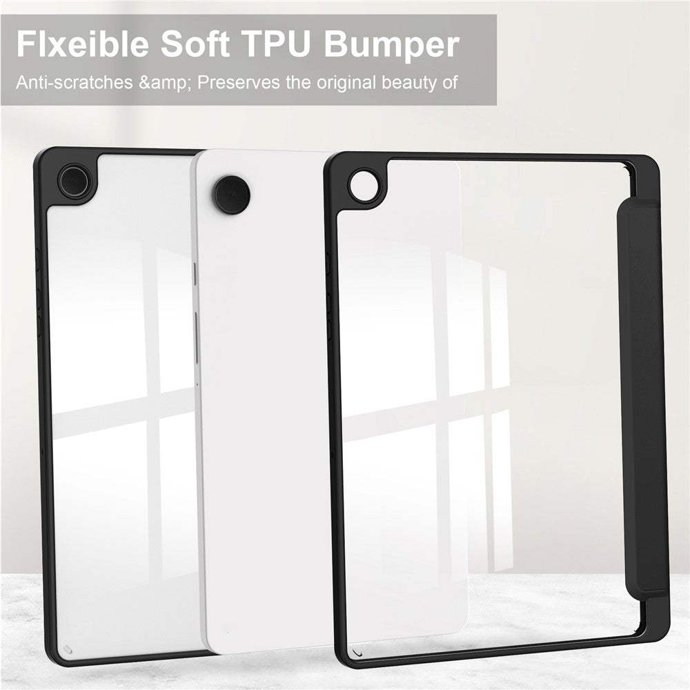 Clear-Back-Cover-for-Samsung-Galaxy-Tab-A9+-PU+TPU+Acrylic-Tablet-Case-with-Pen-Slot-Black