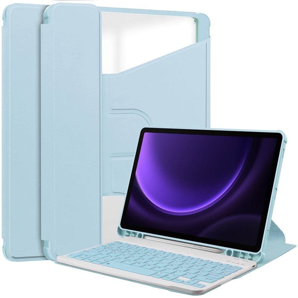 For-Samsung-Galaxy-Tab-S10-FE-/-S9-FE-Case-Leather+Acrylic-Rotary-Stand-Cover-with-Bluetooth-Compatible-Keyboard-Sky-Blue