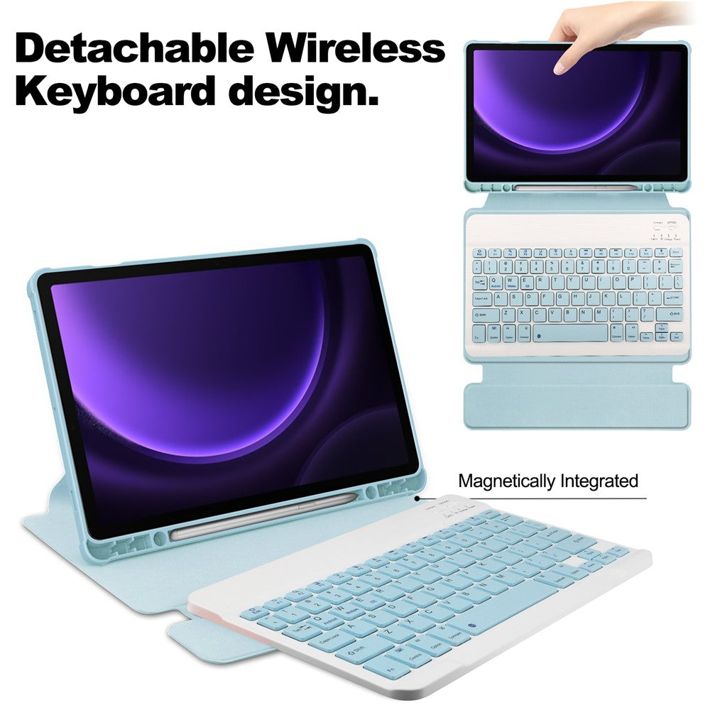 For-Samsung-Galaxy-Tab-S10-FE-/-S9-FE-Case-Leather+Acrylic-Rotary-Stand-Cover-with-Bluetooth-Compatible-Keyboard-Sky-Blue