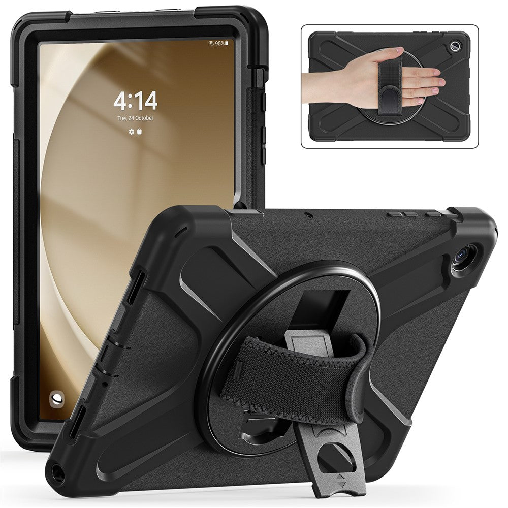 For-Samsung-Galaxy-Tab-A9+-Case-PC+Silicone-Rotary-Kickstand-Cover-with-Hand-Strap-Black