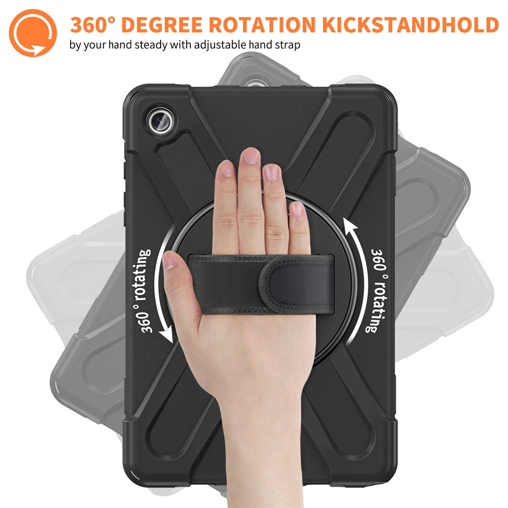 For-Samsung-Galaxy-Tab-A9+-Case-PC+Silicone-Rotary-Kickstand-Cover-with-Hand-Strap-Black