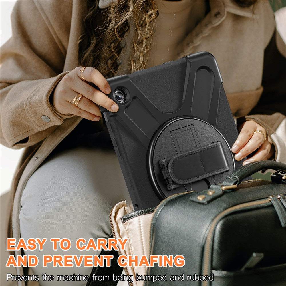 For-Samsung-Galaxy-Tab-A9+-Case-PC+Silicone-Rotary-Kickstand-Cover-with-Hand-Strap-Black