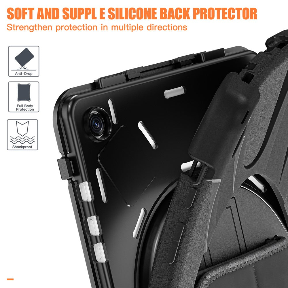 For-Samsung-Galaxy-Tab-A9+-Case-PC+Silicone-Rotary-Kickstand-Cover-with-Hand-Strap-Black