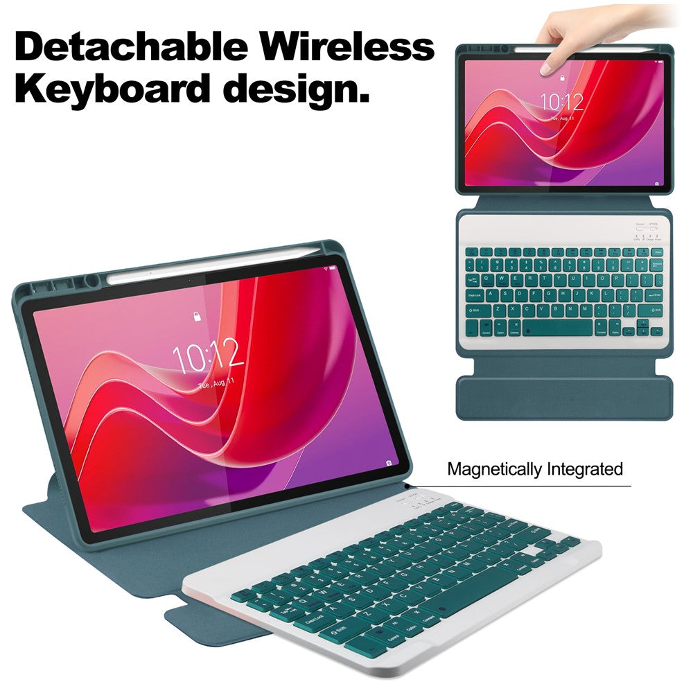 For-Lenovo-Tab-M11-/-Xiaoxin-Pad-11-2024-Case-PU+Acrylic-Tablet-Stand-Cover-with-Bluetooth-compatible-Keyboard-Blackish-Green